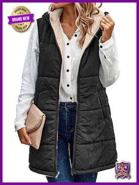 Women Long Puffer Vest Reversible Fleece Jacket Hooded Coat